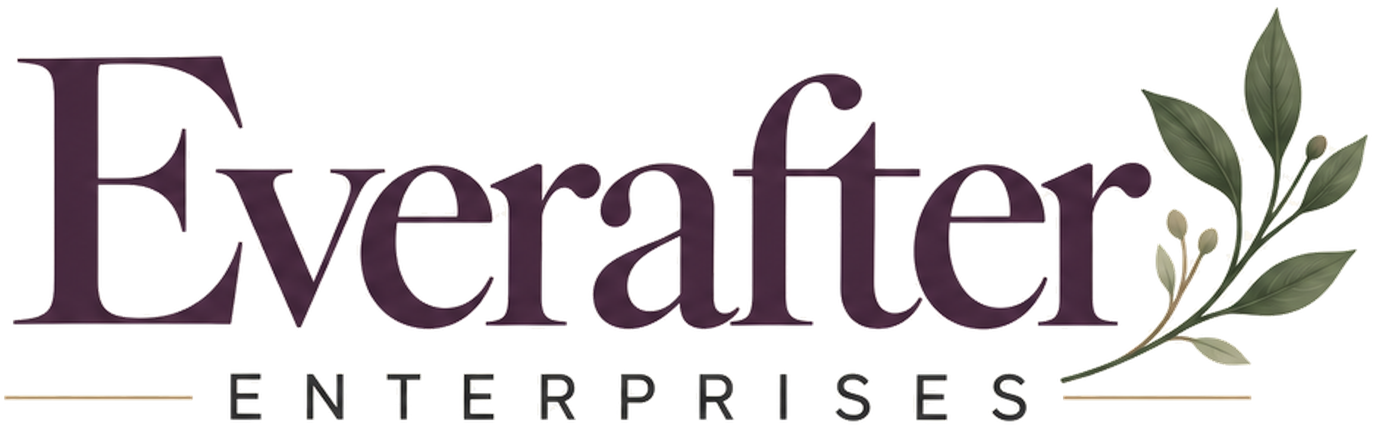 Everafter Enterprises, plum lettering and a green botanical branch